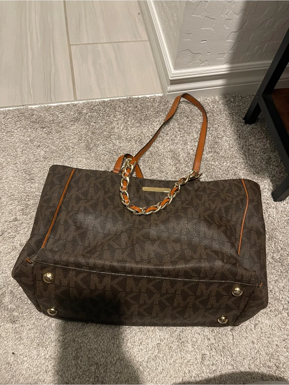 Michael Kors Dark Brown Signature Tote with Tan Leather and Gold Chain